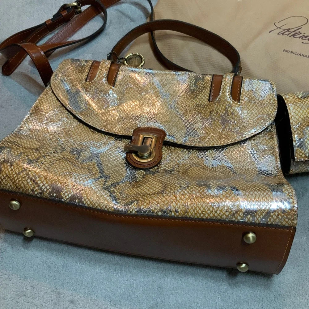 Patricia Nash Metallic Python Tan Leather Handbag Wallet Set P478371 NWT